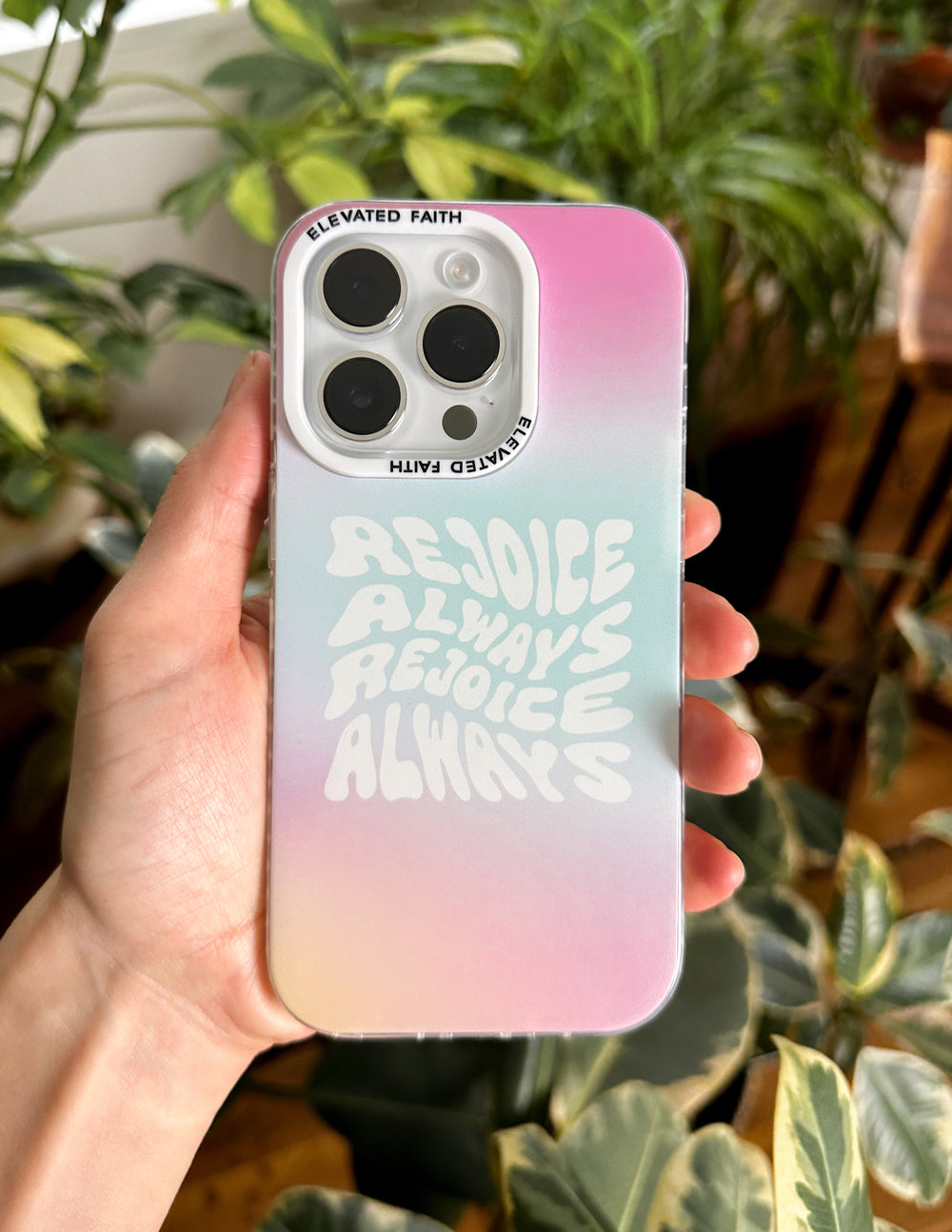 Elevated Faith Christian Phone Case with 'Rejoice Always' Design and Colorful Gradient Background