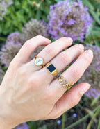 Elegant Elevated Faith Christian Jewelry rings displayed on a hand surrounded by flowers