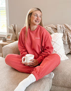 Cozy Elevated Faith Christian Crewneck Sweatshirt in coral, perfect for casual and relaxing moments at home