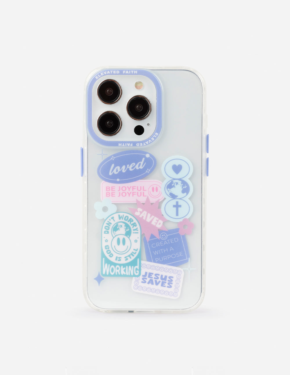 Elevated Faith Christian iPhone Case with colorful stickers featuring uplifting messages