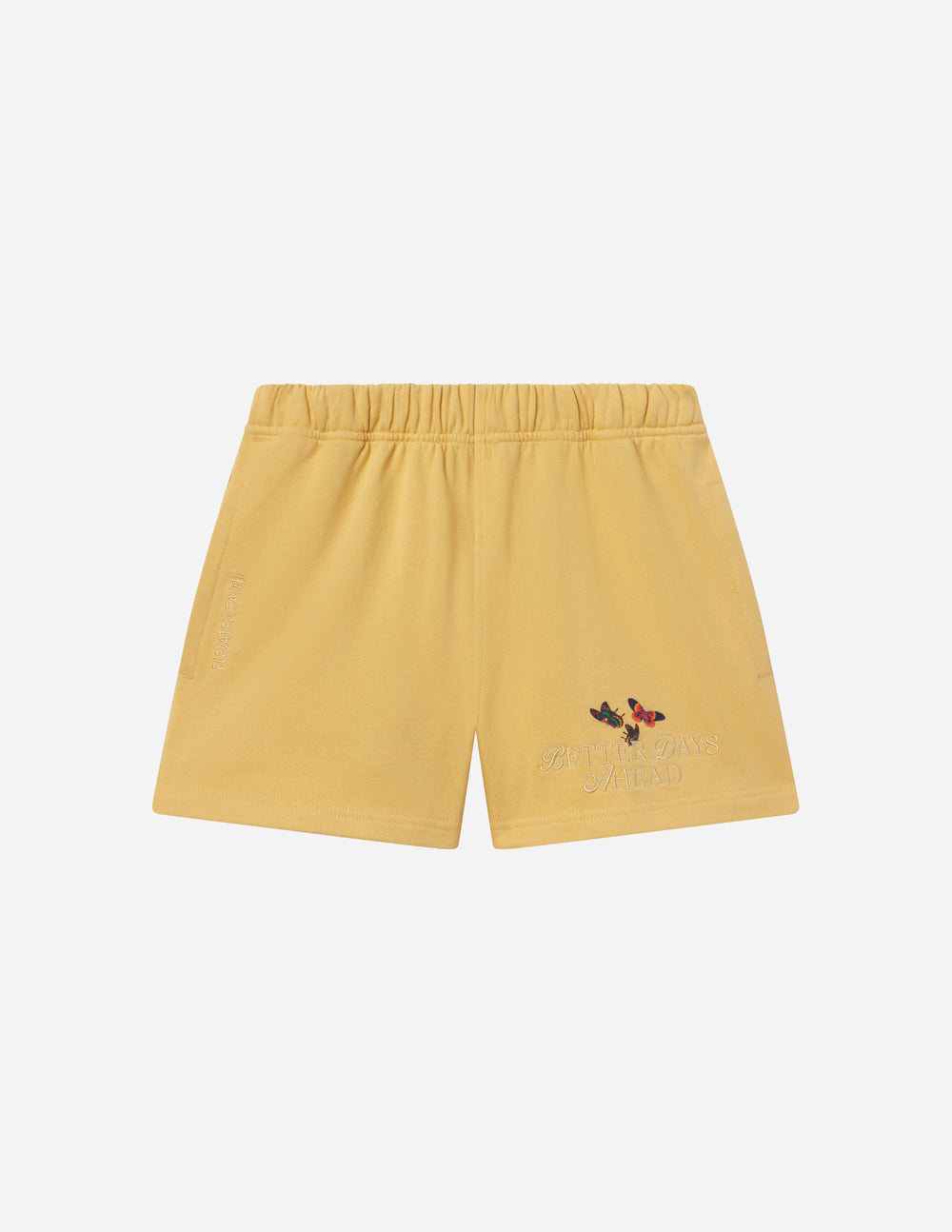 Elevated Faith Yellow Christian Shorts with Butterfly Embroidery for Comfortable Style