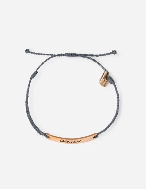Elevated Faith Christian Jewelry Bracelet with engraved Child of God plate on gray string