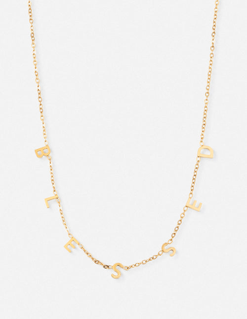 Elevated Faith Gold Necklace with Blessed Letter Design, a perfect piece of Christian Jewelry
