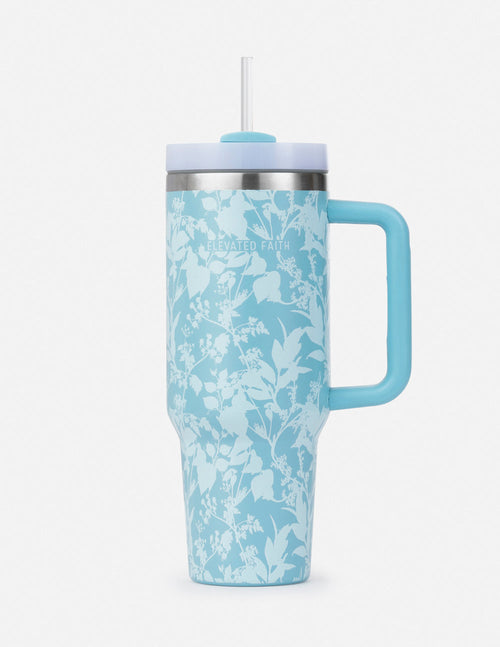 Elevated Faith Blue Floral Tumbler with Straw, Perfect for Christian Gifts and Daily Hydration