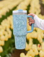 Elevated Faith insulated tumbler in blue floral design, ideal for Christian gifts and daily hydration