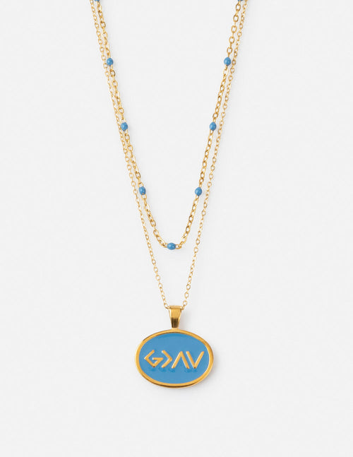 Gold Layered Necklace with Blue Enamel Pendant, perfect for Christian Jewelry lovers