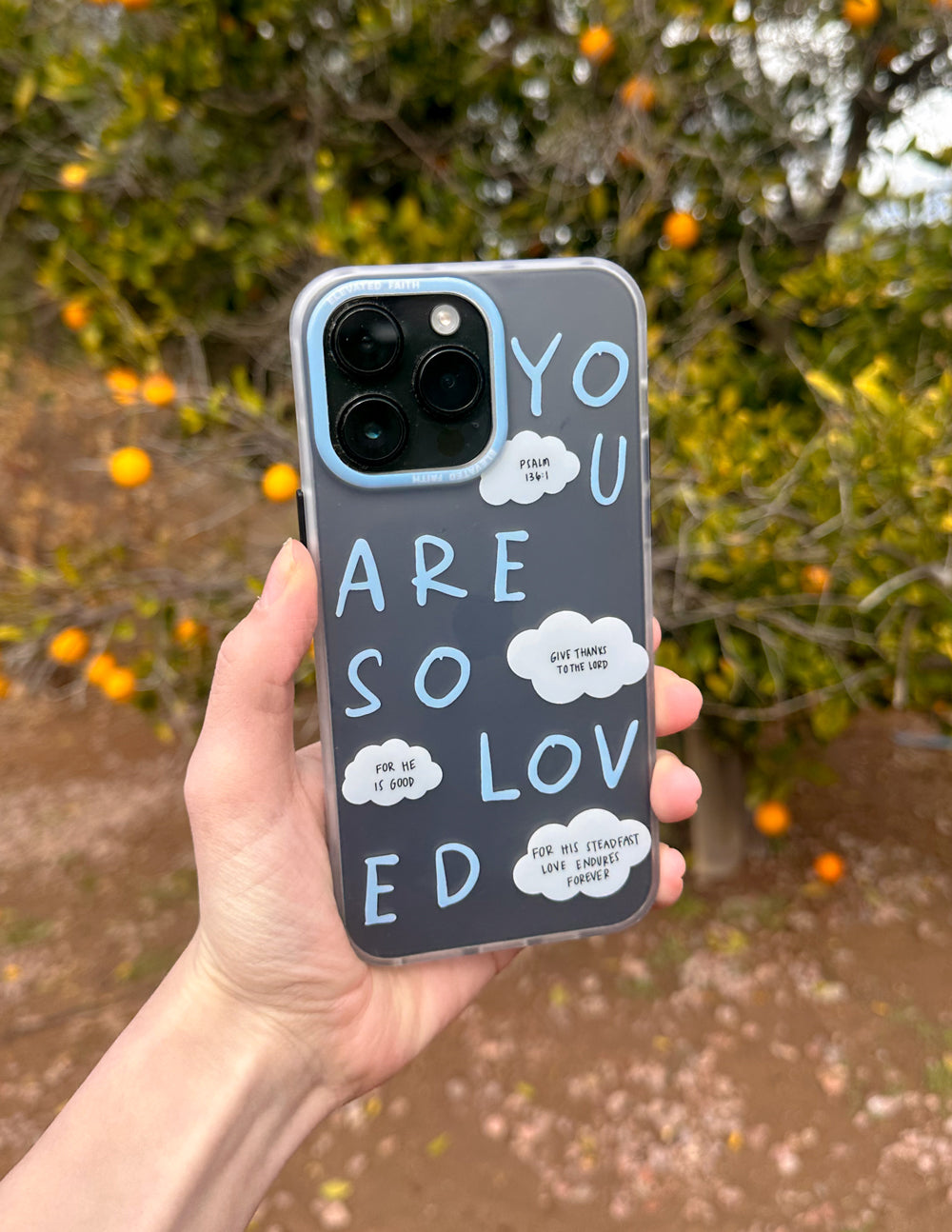Elevated Faith Christian Phone Case featuring 'You Are So Loved' cloud design on a gray background