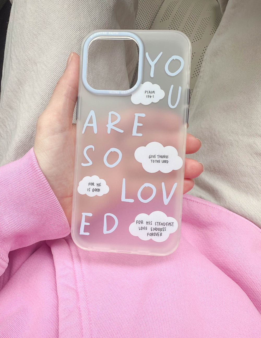 Elevated Faith Christian Phone Case with positive affirmations and cloud design for encouragement