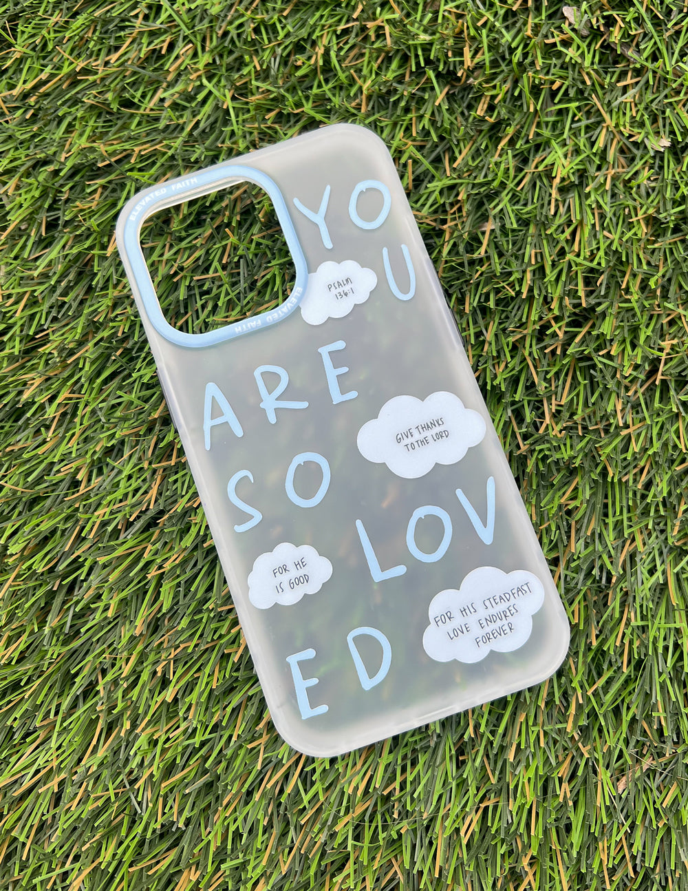 Elevated Faith Christian Phone Case with uplifting message 'You Are So Loved' and cloud designs