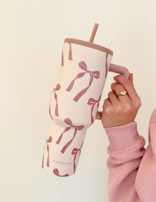 Elevated Faith Tumbler with Pink Bow Design, Perfect Christian Gifts for Everyday Use