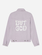 Elevated Faith Christian Jacket in lavender featuring bold 'BUT GOD' text on the back