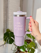 Elevated Faith Purple Tumbler with I Am a Child of God design, perfect for Christian gifts.