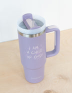 Elevated Faith Purple Tumbler with 'I Am a Child of God' Design, ideal for Christian gifts