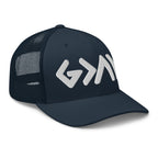 Navy Christian Embroidered Hat with stylish mesh back for a comfortable fit
