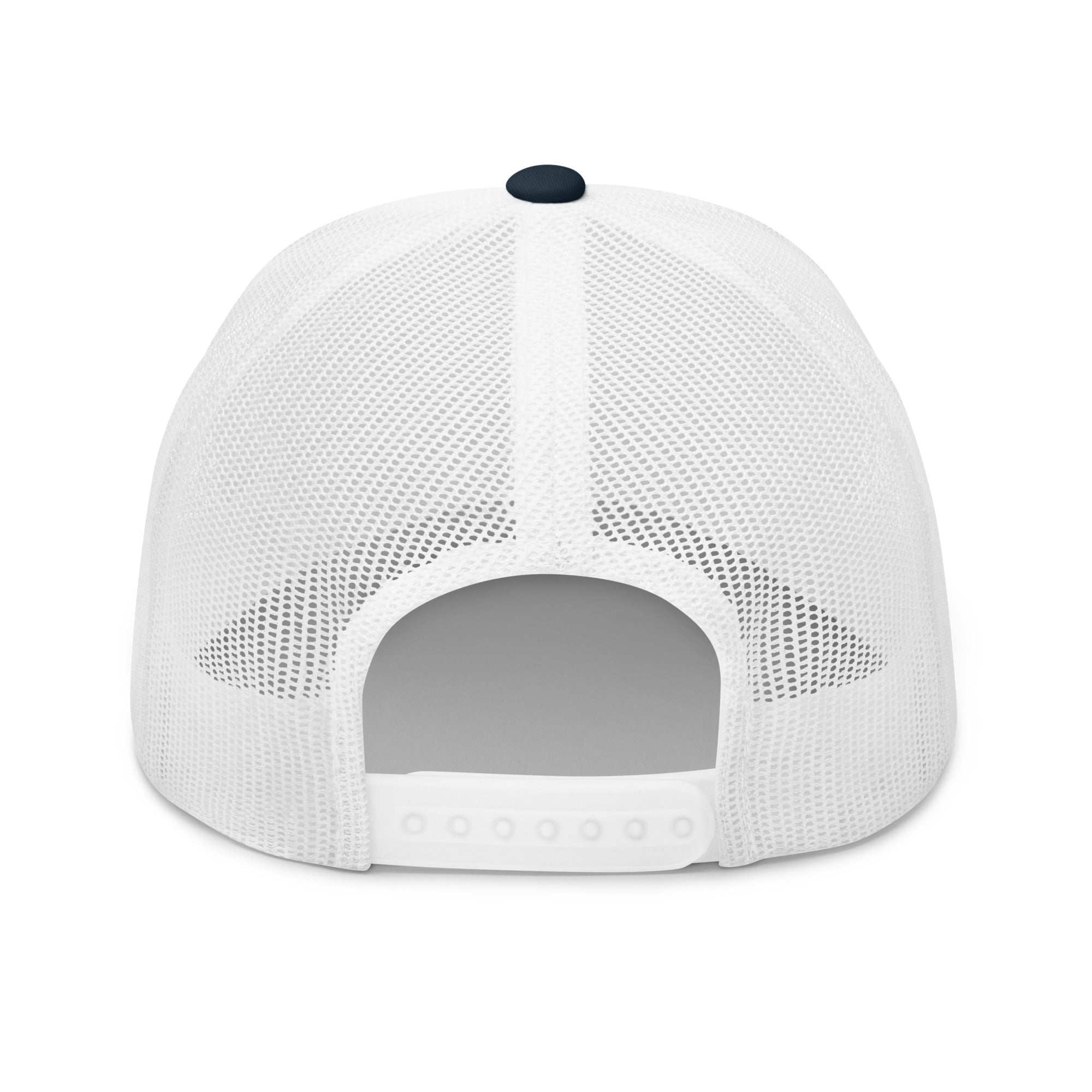 Back view of a white mesh Christian Embroidered Hat with adjustable snap closure