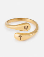 Elevated Faith Gold Ring featuring a cross and heart design, perfect for Christian Jewelry lovers