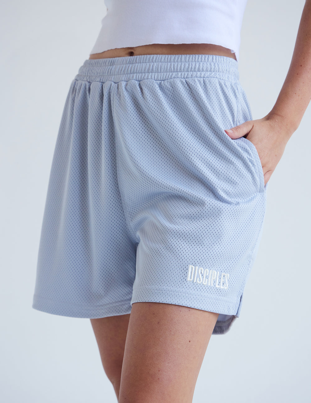 Light blue Elevated Faith Christian Shorts with a comfortable fit and side pockets for everyday wear