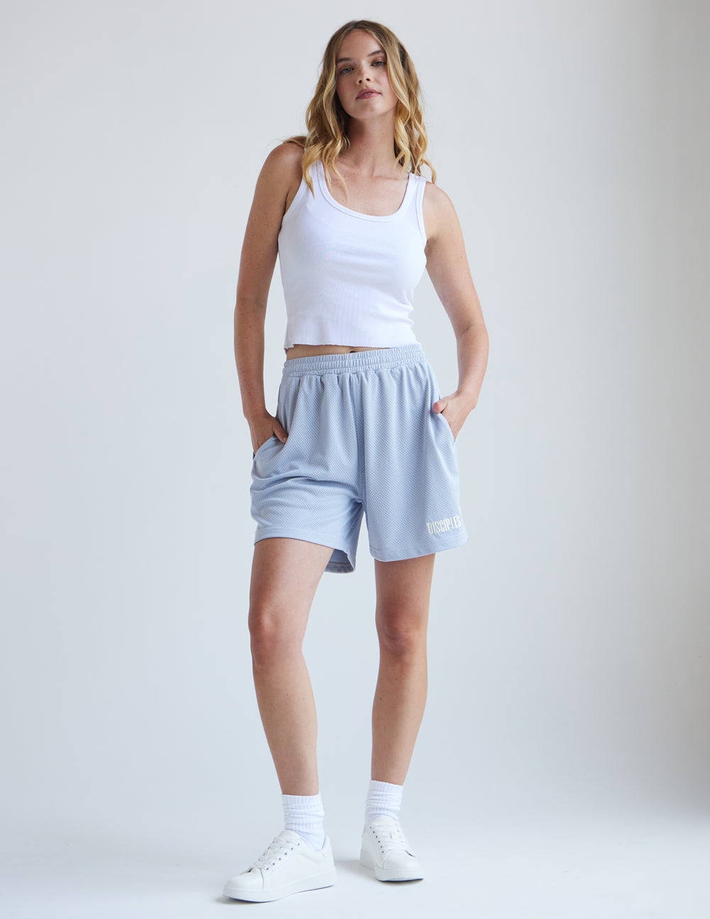 Light blue Elevated Faith Christian Shorts with side pockets and comfortable fit for casual wear