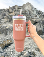 Elevated Faith Tumbler in Pink with Faith Can Move Mountains design, ideal for Christian Gifts