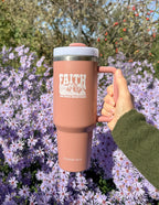 Elevated Faith tumbler with 'Faith Can Move Mountains' design, perfect for Christian gifts