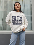 Elevated Faith Christian Crewneck Sweatshirt in white with mountain graphic design for casual wear