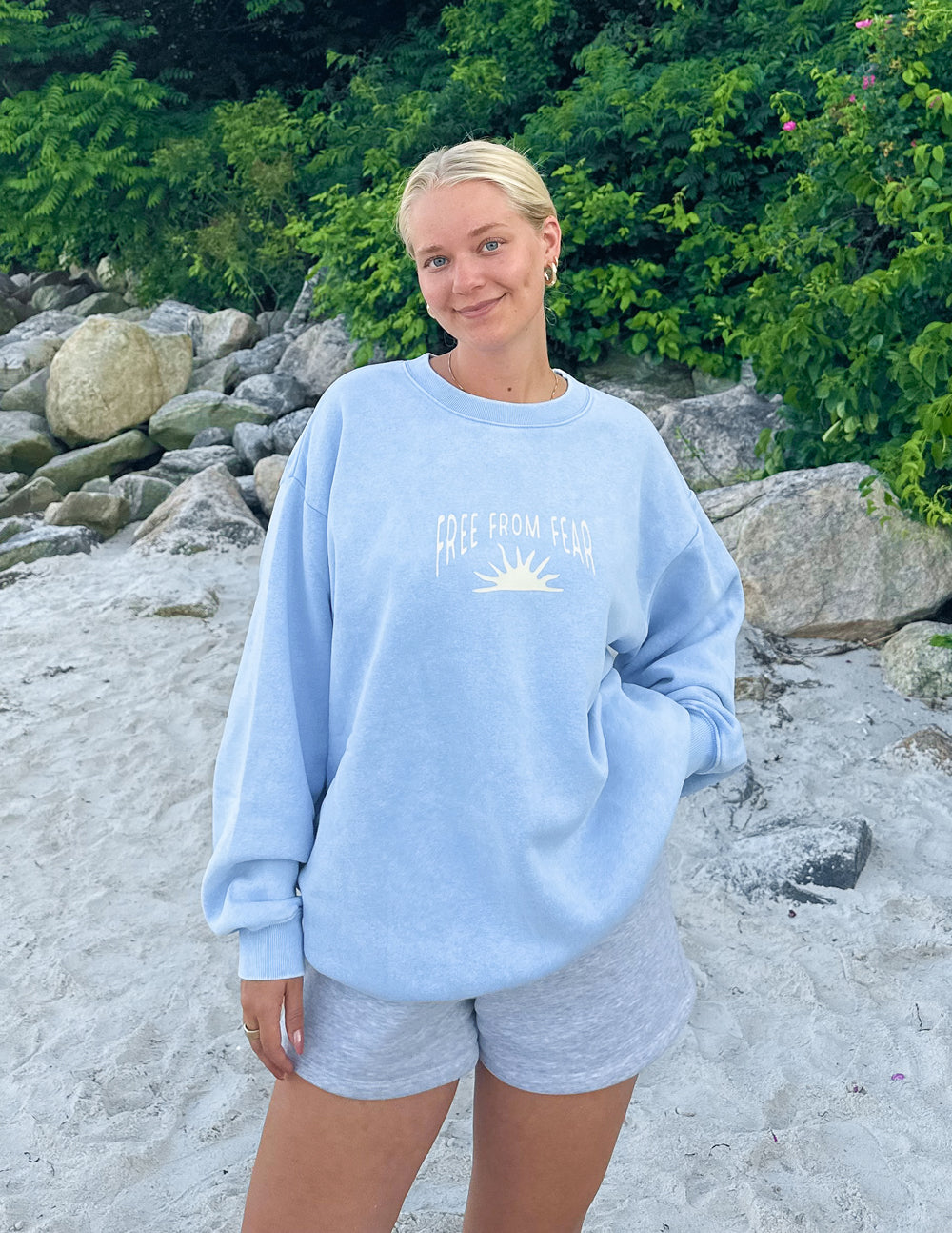 Light blue Christian Crewneck Sweatshirt with 'Free From Fear' design for casual comfort