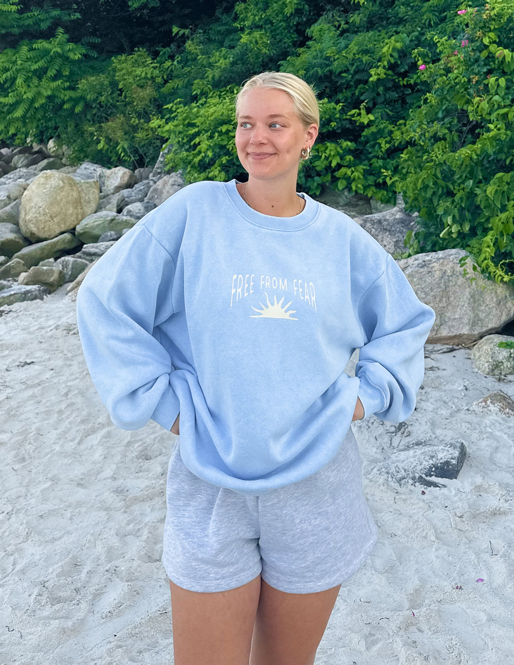 Light blue Christian Crewneck Sweatshirt with 'Free From Fear' design, perfect for casual wear