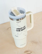 Elevated Faith Fruit of the Spirit Tumbler featuring a straw, ideal for Christian gifts