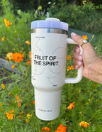 White Elevated Faith Tumbler with 'Fruit of the Spirit' design, a perfect choice for Christian gifts