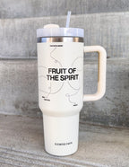 Elevated Faith Tumbler featuring 'Fruit of the Spirit' design, perfect for unique Christian gifts