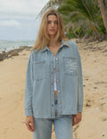 Elevated Faith Christian Jacket in Light Denim with Relaxed Fit for Beach Adventures