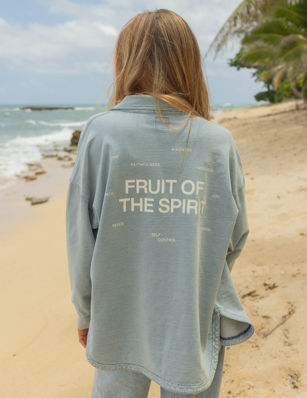 Elevated Faith Christian Jacket in Light Blue with 'Fruit of the Spirit' Print on the Back