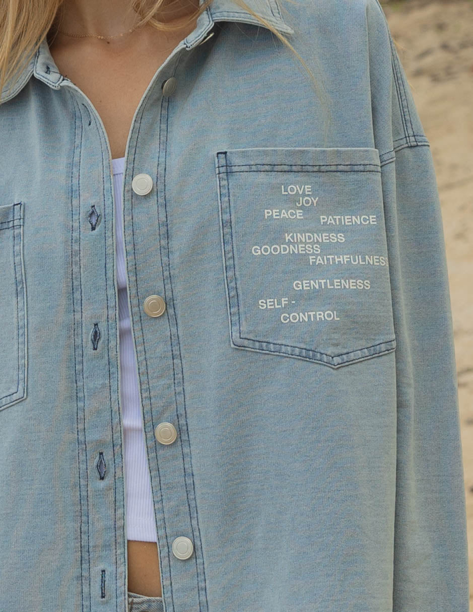 Elevated Faith Christian Jacket in denim with embroidered words depicting love, joy, peace, and kindness
