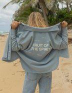 Elevated Faith Christian Jacket featuring 'Fruit of the Spirit' text on the back, ideal for casual wear