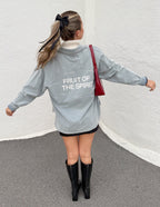 Elevated Faith Christian Jacket in light blue with 'Fruit of the Spirit' text on the back