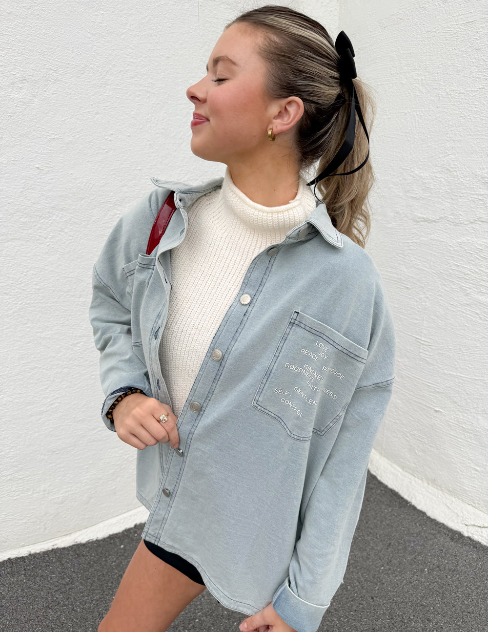 Elevated Faith Christian Jacket in light blue with casual fit and front pocket detail