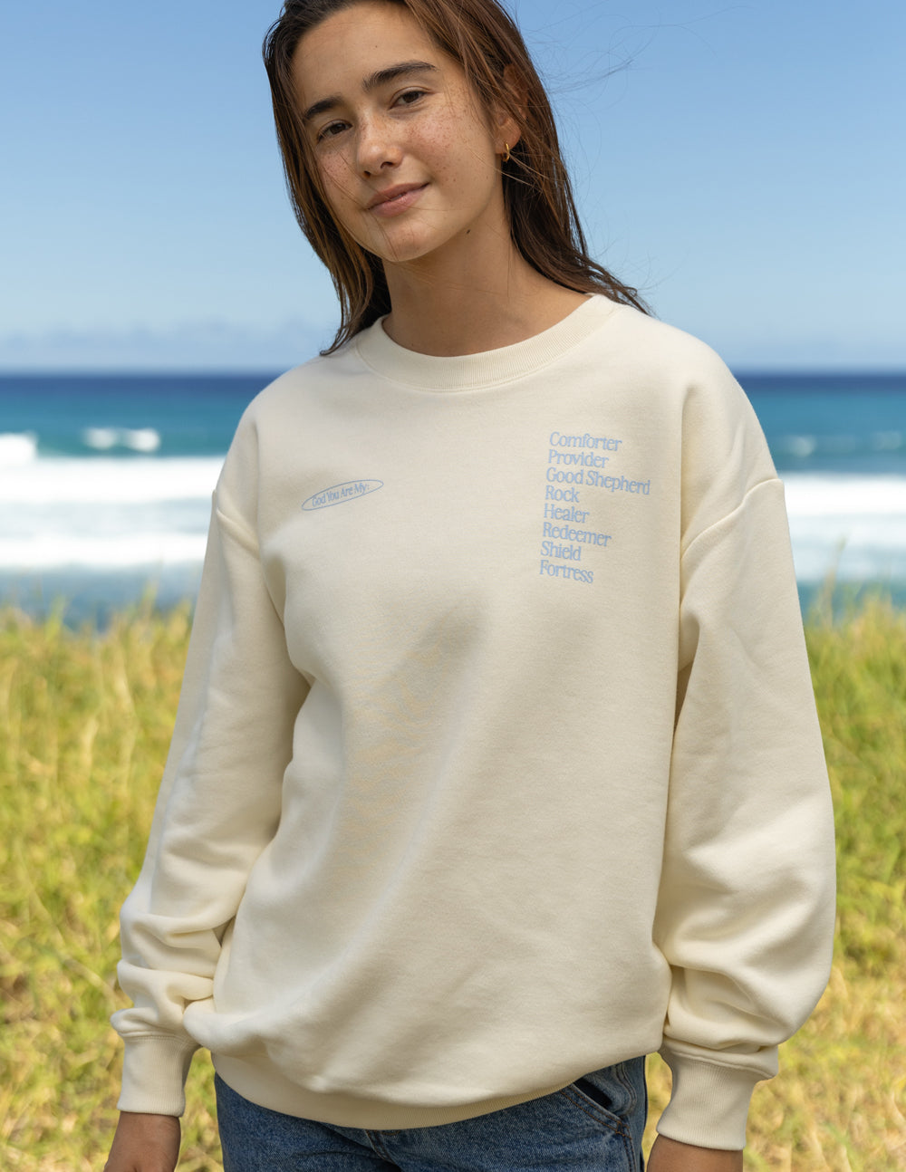 Elevated Faith Christian Crewneck Sweatshirt in cream featuring inspiring text design