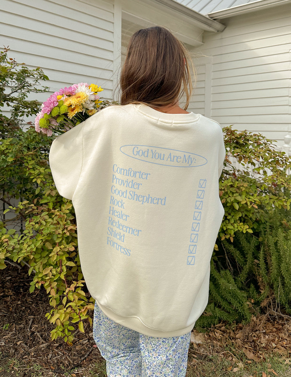 Elevated Faith Christian Crewneck Sweatshirt with Inspirational Message on Back in Soft Cream Color