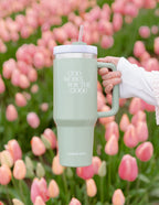 Elevated Faith tumbler in mint green featuring God works for the good design, perfect for Christian gifts.