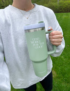 Elevated Faith Tumbler in Green with God Works for the Good Design, Perfect for Christian Gifts