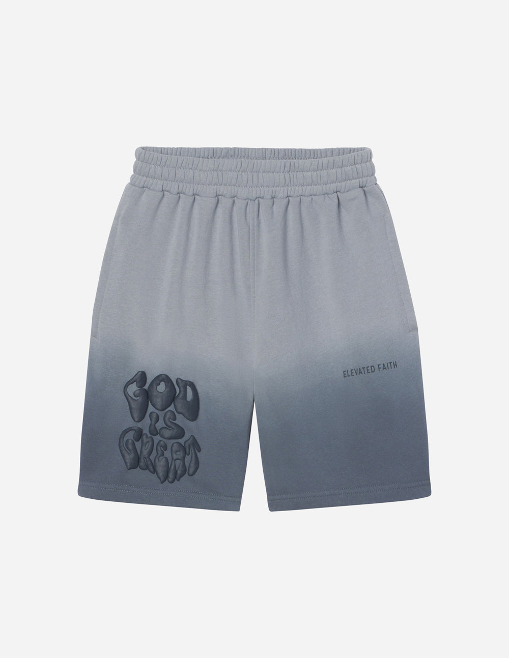 Elevated Faith Christian Shorts in Gray with 'God is Great' Text for Comfortable Everyday Wear