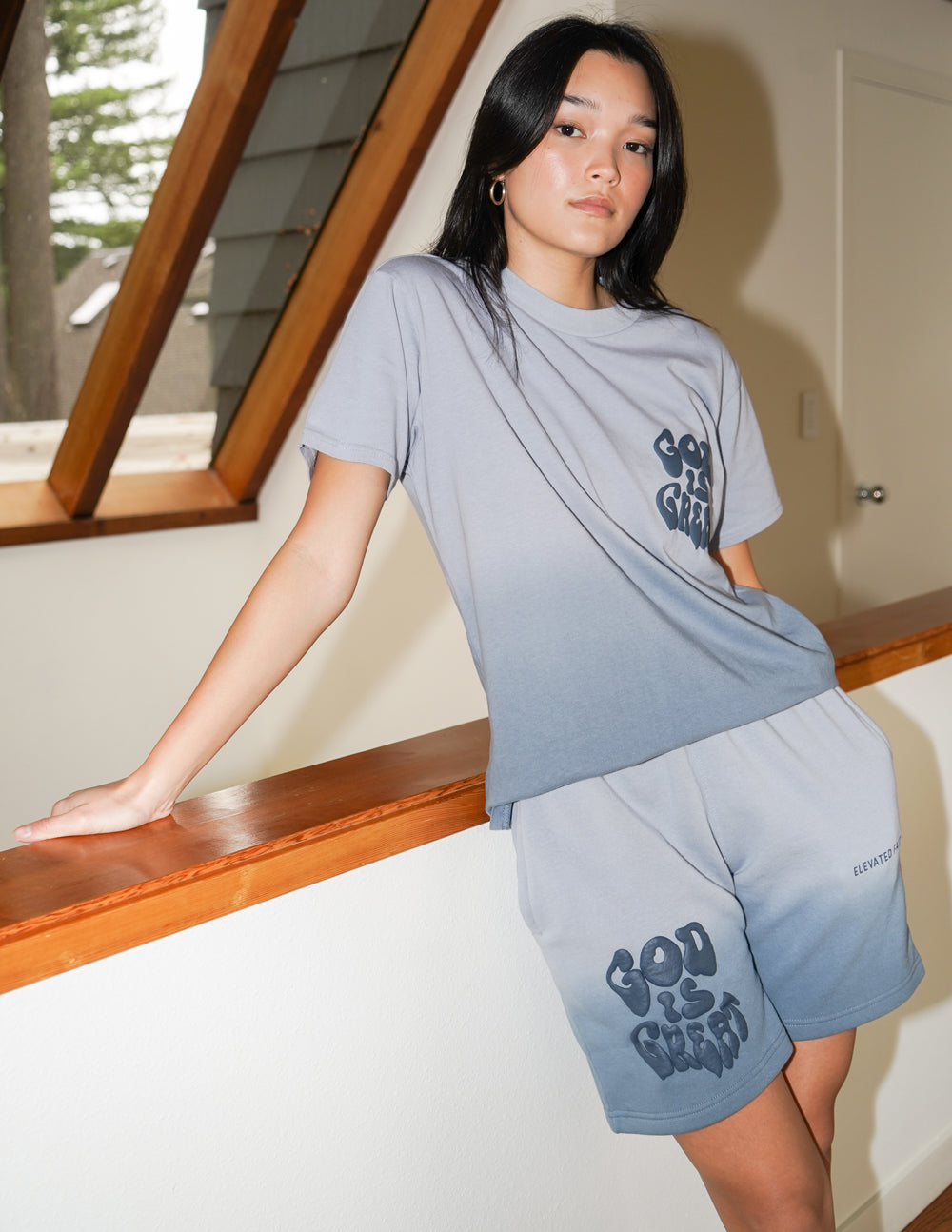 Elevated Faith Christian Shorts in gradient gray featuring a bold message for comfort and style