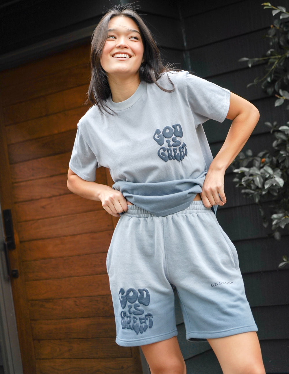 Comfortable Elevated Faith Christian Shorts in light gray with stylish God is Great print