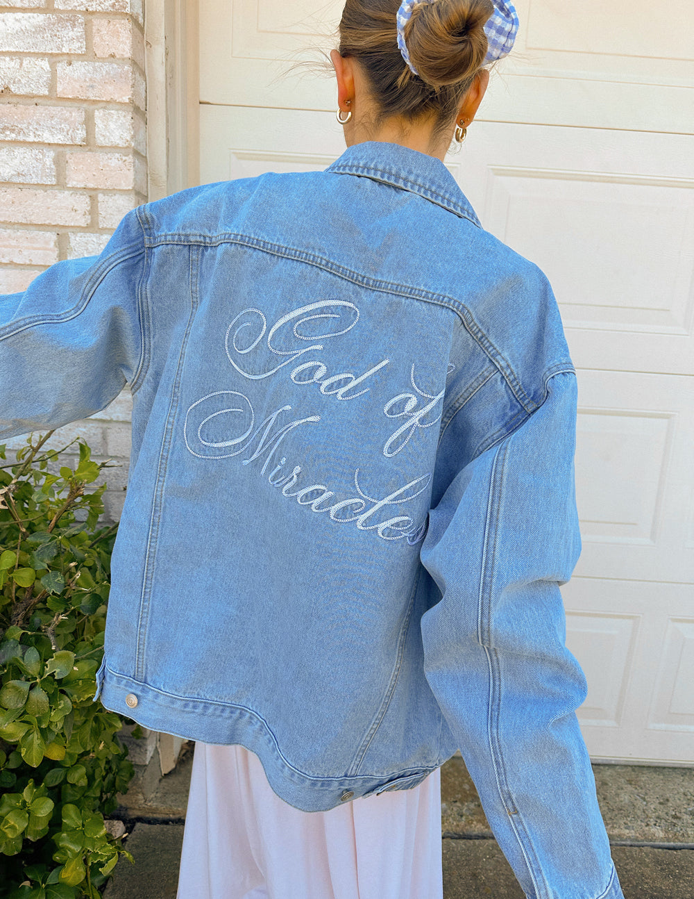Denim Christian Jacket with 'God of Miracles' Embroidery on the Back for Stylish Faith Wear