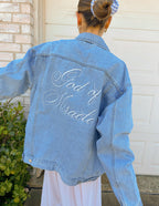 Denim Christian Jacket with 'God of Miracles' Embroidery on the Back for Stylish Faith Wear