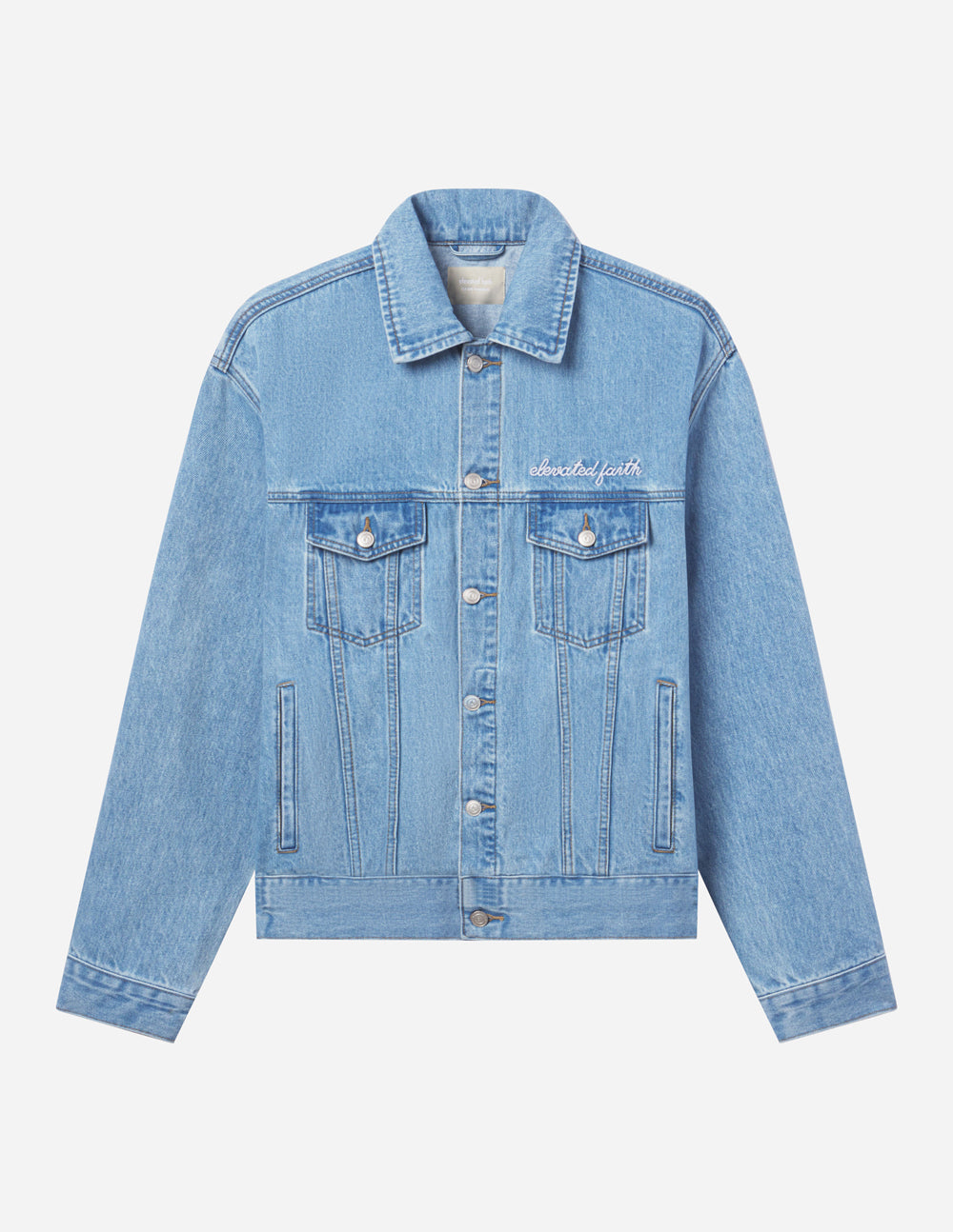 Elevated Faith Christian Jacket in light blue denim with a classic design and embroidered logo