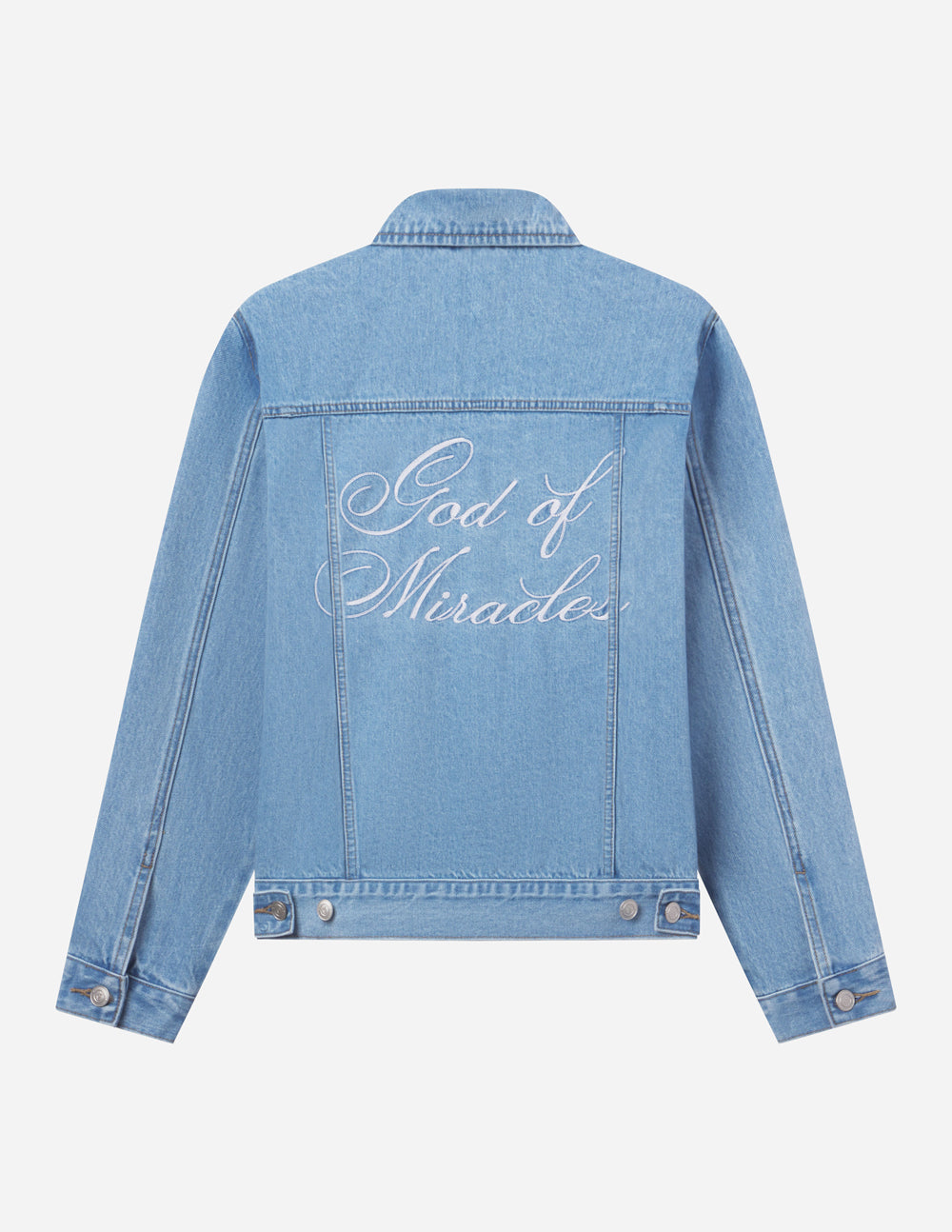 Elevated Faith Christian Jacket in light denim with 'God of Miracles' embroidered on the back