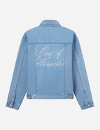 Elevated Faith Christian Jacket in light denim with 'God of Miracles' embroidered on the back