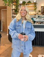 Elevated Faith Christian Jacket in Light Blue Denim with Oversized Fit for Casual Style