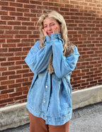 Elevated Faith Christian Jacket in Light Blue Denim with Relaxed Fit and Button Closure